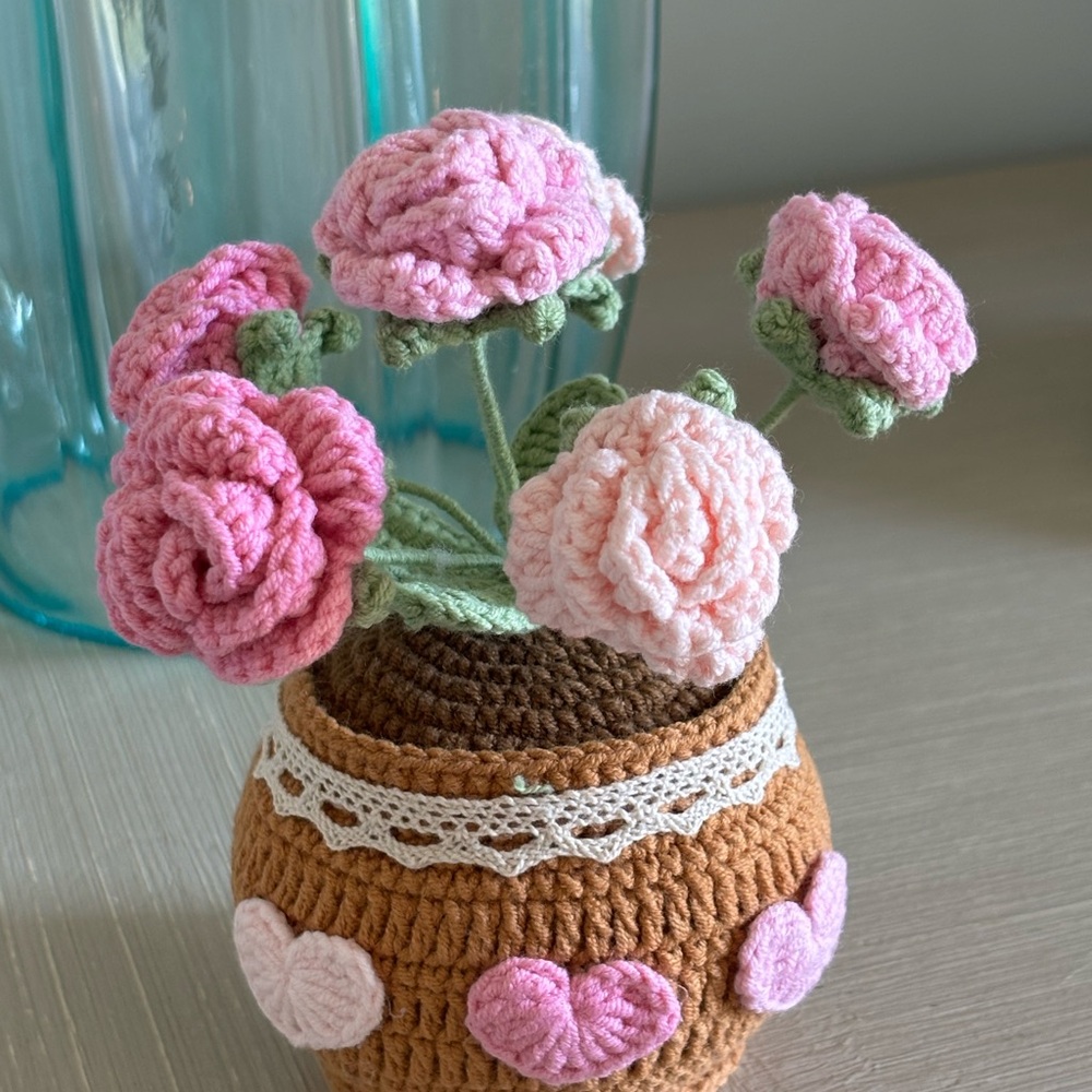 Handcrafted Pink Crochet Flower Arrangement in Brown Vase